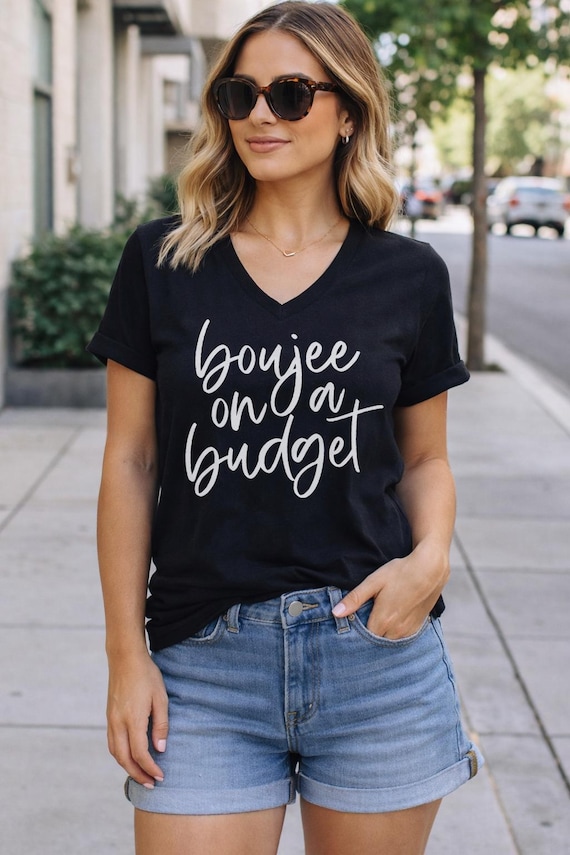 Boujee on a Budget Shirt, Funny V Neck Tee, Trendy Graphic Tee