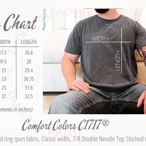 May include: A charcoal grey short-sleeve t-shirt with a crew neckline. A size chart is displayed on the left, listing sizes S through 3XL with width and length measurements in inches. The text Comfort Colors C1717 is printed at the bottom.