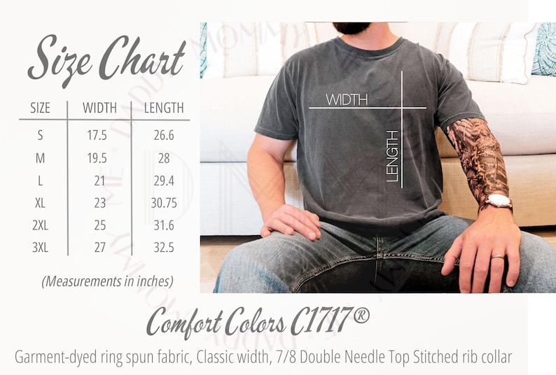 May include: A charcoal grey short-sleeve t-shirt with a crew neckline. A size chart is displayed on the left, listing sizes S through 3XL with width and length measurements in inches. The text Comfort Colors C1717 is printed at the bottom.