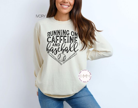 Running On Caffeine And Baseball Comfort Colors Long Sleeve Shirt Funny Baseball Long Sleeve Baseball Mom Long Sleeve Baseball Game Day Tee