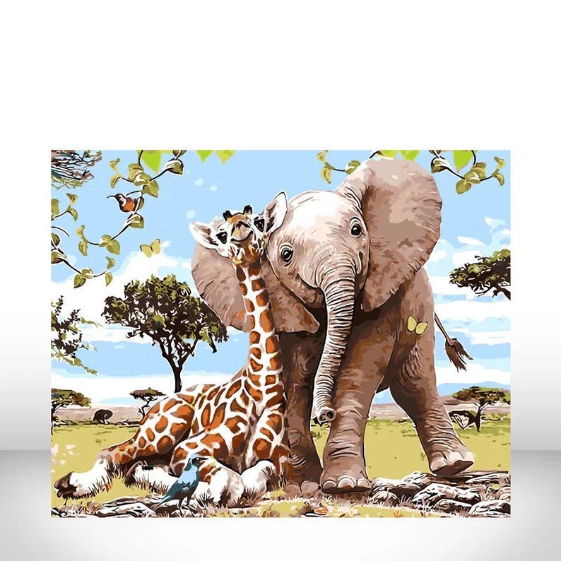 Diy Oil Painting By Numbers Elephant Giraffe Frameless Paint Image 0