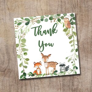 Étiquettes de faveur des bois imprimables, carte de remerciement, verdure des animaux de la forêt Baby Shower numérique imprimable VOUS IMPRIMEZ Correspond à l'Invitation # 0016