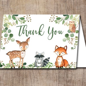 Karta podziękowań Woodland do wydrukowania, Greenery Woodland Animals Baby Shower lub urodziny, cyfrowa wersja do wydrukowania YOU PRINT Matches Invitation # 0016