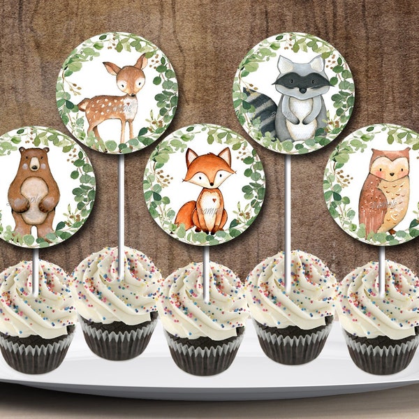 Toppers de cupcakes de animales del bosque, zorro verde, ciervo, oso, mapache, baby shower o cumpleaños de animales de búho, USTED IMPRIME Invitación de partidos # 0016