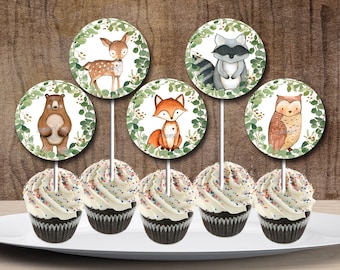 Woodland animals cupcake toppers, Greenery fox, deer, bear, racoon, owl animals baby shower or birthday, YOU PRINT Matches Invitation # 0016