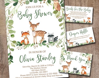 Woodland Baby Shower Invitation bundle set, Editable Invitation, Book for baby, diaper raffle and thank you card  0016