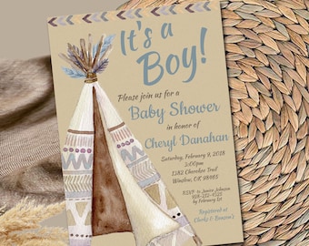 Boho Boy Teepee Baby Shower Invitation template, Editable, Tribal Baby shower invitation, Baby Shower invite Digital Instant Download 023