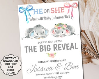Könnte beinhalten: Eine Einladungskarte zur Geschlechtsenthüllung mit zwei Aquarell-Elefanten, einer mit blauer Schleife und einer mit Blumenkranz. Der Text lautet HE OR SHE, What will Baby Johnson Be?, PLEASE JOIN US FOR THE BIG REVEAL, zu Ehren von Jessica & Ben.
