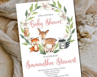 Girl Woodland Baby Shower Invitation template, Editable invitation, Pink floral woodland animals, Digital file Instant Download M068