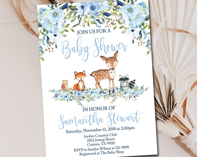 Editable Woodland Baby Shower Invitation template Boy Woodland theme invite baby blue floral Printable Digital Instant