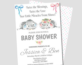 Elephant twins baby shower invitation template, Boy and Girl Elephants, Baby Shower invite, Editable Invitation pink and blue, printable 050