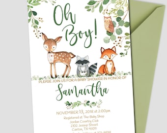 Oh Boy Woodland Baby Shower Invitation template, Greenery Baby Shower invitation, Rustic woodland animals invitation Instant Download m91
