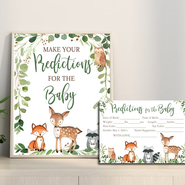 Woodland Baby Shower game, Predictions for Baby sign & card, Gender Neutral Woodland Animals, Digital Printable, Matches Invitation # 0016