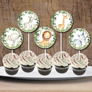 Toppers de cupcakes de animales de Safari, baby shower o cumpleaños de animales de la selva verde, USTED IMPRIME Invitación de partidos # 0057