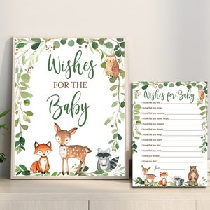 Woodland Baby Shower Wishes for Baby sign & card, Gender Neutral Woodland Animals activity, Digital Printable, Matches Invitation # 0016