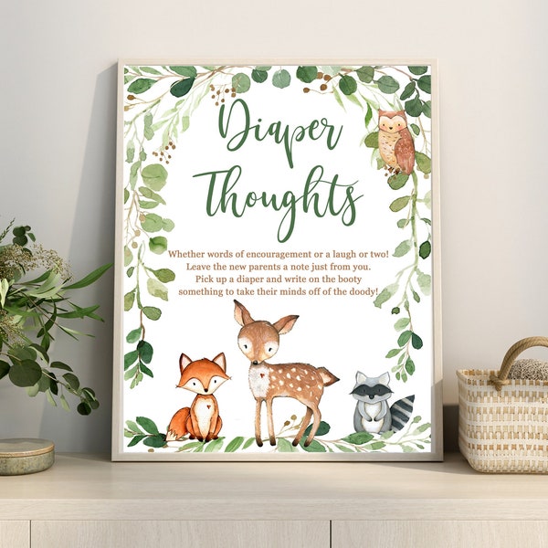 Woodland Baby Shower Diaper Thoughts Game Sign, Late night Diaper Greenery Woodland Animals Printable Sign Matches Invitation # 0016