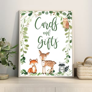 Enseigne pour baby shower des bois Cartes et cadeaux Verdure Animaux de la forêt Enseigne imprimable numérique, décoration Woodland VOUS IMPRIMEZ Correspond à l'invitation # 0016