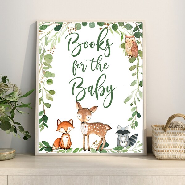 Woodland Books for Baby Sign Greenery Woodland Animals Baby Shower Digital Printable Sign Woodland decor YOU PRINT Matches Invitation # 0016