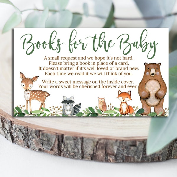 Greenery Woodland Baby Shower Books for Baby Card insert, Boy or Girl Woodland card insert ticket, gender neutral, matches invitation # 0016