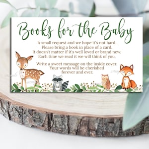 Livres de douche de bébé Woodland verdure pour insertion de carte de bébé, billet d'insertion de carte de Woodland de garçon ou de fille, genre neutre, correspond à l'invitation # 0016