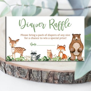 Cartes de tombola Verdure Woodland Baby Shower Diaper, billet d'insertion d'invitation pour garçon ou fille Woodland, neutre entre les sexes, correspond à l'invitation # 0016
