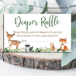 Cartes de tombola Verdure Woodland Baby Shower Diaper, billet d'insertion d'invitation Woodland garçon ou fille, invitation assortie sans distinction de sexe # 0016