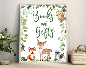 Woodland Baby Shower Sign Books & Gifts Greenery Woodland Animals Digital Printable Sign, Woodland decor YOU PRINT Matches Invitation # 0016