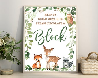 Woodland Baby Shower Sign Decorate a Block Game Sign Greenery Woodland Animals Digital Printable Woodland game Matches Invitation # 0016