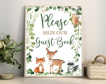 Woodland Guest Book Sign, Greenery Woodland Animals Baby Shower sign, Digital, Printable Woodland decor YOU PRINT Matches Invitation # 0016