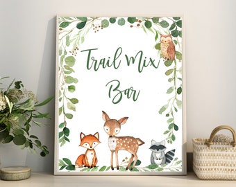 Woodland Baby Shower Trail Mix Bar sign Greenery Woodland Animals Digital Printable Sign, Woodland decor YOU PRINT Matches Invitation # 0016