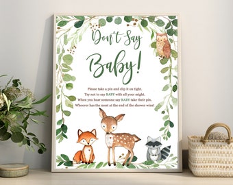 Woodland Baby Shower Game Don't say BABY, Greenery Woodland Animals Printable Sign Game Instant Download Matches Invitation # 0016