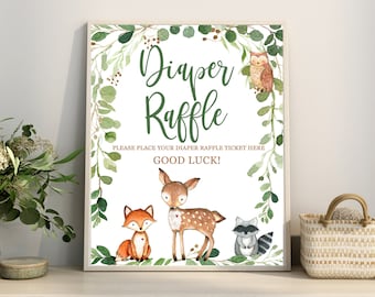 Woodland Diaper Raffle Sign, Greenery Woodland Animals Baby Shower Digital Printable Sign Woodland decor YOU PRINT Matches Invitation # 0016