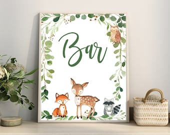 Woodland Baby Shower Bar Sign, Greenery Woodland Animals Digital Printable Table Sign, Woodland decor YOU PRINT Matches Invitation # 0016