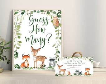 Woodland Guessing game card tickets & Sign, Greenery Woodland Animals candies game Digital Printable, YOU PRINT Matches Invitation # 0016