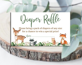 Greenery Woodland Baby Shower Diaper Raffle Cards, Boy or Girl Woodland invitation insert ticket, Gender neutral matches invitation # 0016