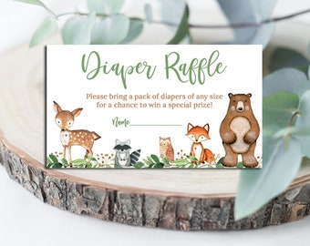 Greenery Woodland Baby Shower Diaper Raffle Cards, Boy or Girl Woodland invitation insert ticket, gender neutral, matches invitation # 0016