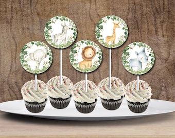 Safari animals cupcake toppers, Greenery Jungle animals baby shower or birthday, YOU PRINT Matches Invitation # 0057