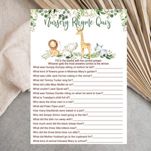 Safari Baby Shower Game, Nursery Rhyme Quiz Game, Gender Neutral Safari Animals Printable Instant Download, Matches invitation 0057