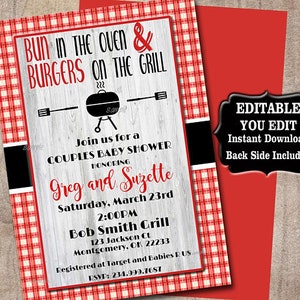 May include: A red and white gingham invitation for a couples baby shower with the text "Bun in the Oven & Burgers on the Grill" and the names "Greg and Suzette". The invitation includes the date, time, location, and RSVP information.