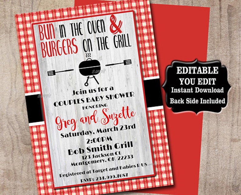 May include: A red and white gingham invitation for a couples baby shower with the text "Bun in the Oven & Burgers on the Grill" and the names "Greg and Suzette". The invitation includes the date, time, location, and RSVP information.