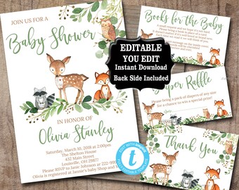 Woodland Baby Shower Invitation set, Editable Invitation Book for baby, diaper raffle thank you Woodland animal Baby Shower invite kit, 0018
