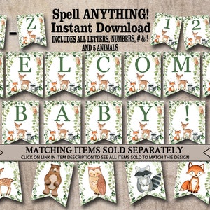 May include: A printable woodland themed banner with the words 'Welcome Baby' in green letters. The banner features a white background with green leaves and illustrations of woodland animals, including a deer, fox, owl, raccoon, and bear.