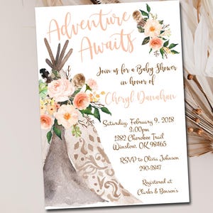 Adventure Awaits Baby Shower Invitation template, Editable Tribal Boho Teepee Baby Shower, Peach floral Baby shower invite , printable 034