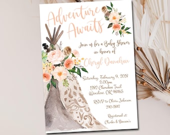 Adventure Awaits Baby Shower Invitation template, Editable Tribal Boho Teepee Baby Shower, Peach floral Baby shower invite , printable 034