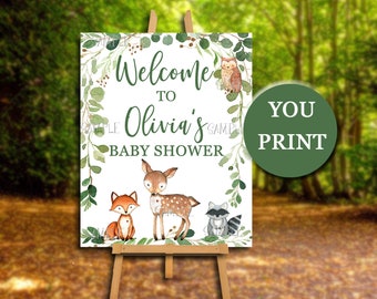 Woodland Animals Baby Shower Welcome Sign, Greenery Personalized Woodland Baby Shower Digital Printable Sign, Poster, Large, YOU PRINT 0016