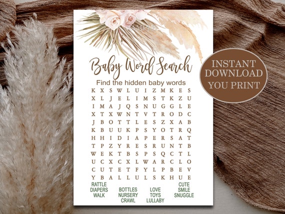 Pampas Grass Baby Shower Game, Word Search Game, Boho Gender.