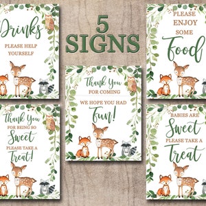 Woodland Baby Shower Table Signs, Set of 5 Printable forest animals Baby Shower Signs, Food, Drink, Treat, Thank you  INSTANT DOWNLOAD, 0016
