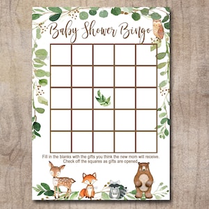 Woodland Baby Shower Bingo Game Gender Neutral Forest Animals, greenwood woodland bingo card Deer, Fox, Bear Printable Instant Download 0016