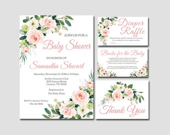 Blush pink Floral Baby Shower Invitation bundle, Girl Editable Template books for baby, diaper raffle, thank you kit YOU EDIT m09