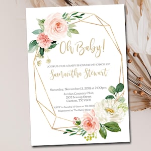 Editable Blush Pink Baby Shower Invitation Template, Printable Floral Gold, Flowers Baby Shower Invite Digital Instant Download M067